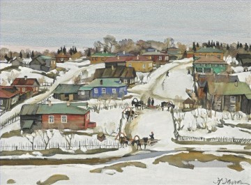 Paysage urbain œuvres - EARLY SPRING IN THE VILLAGE Konstantin Yuon cityscape city scenes
